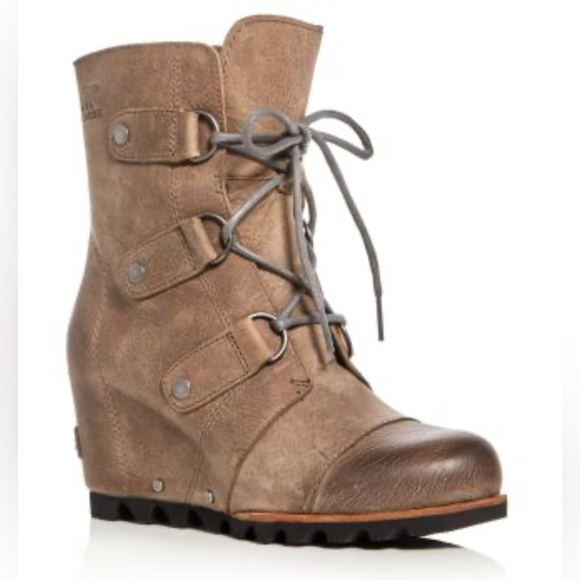 Sorel Women's Joan Of Arctic Leather Tan Lace Up Wedge Booties Size 8 - Picture 1 of 11